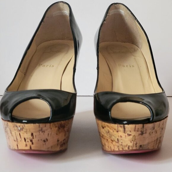 Christian Louboutin Black Patent Leather Peep Toe Cork Sole Platform Wedges - Picture 3 of 14